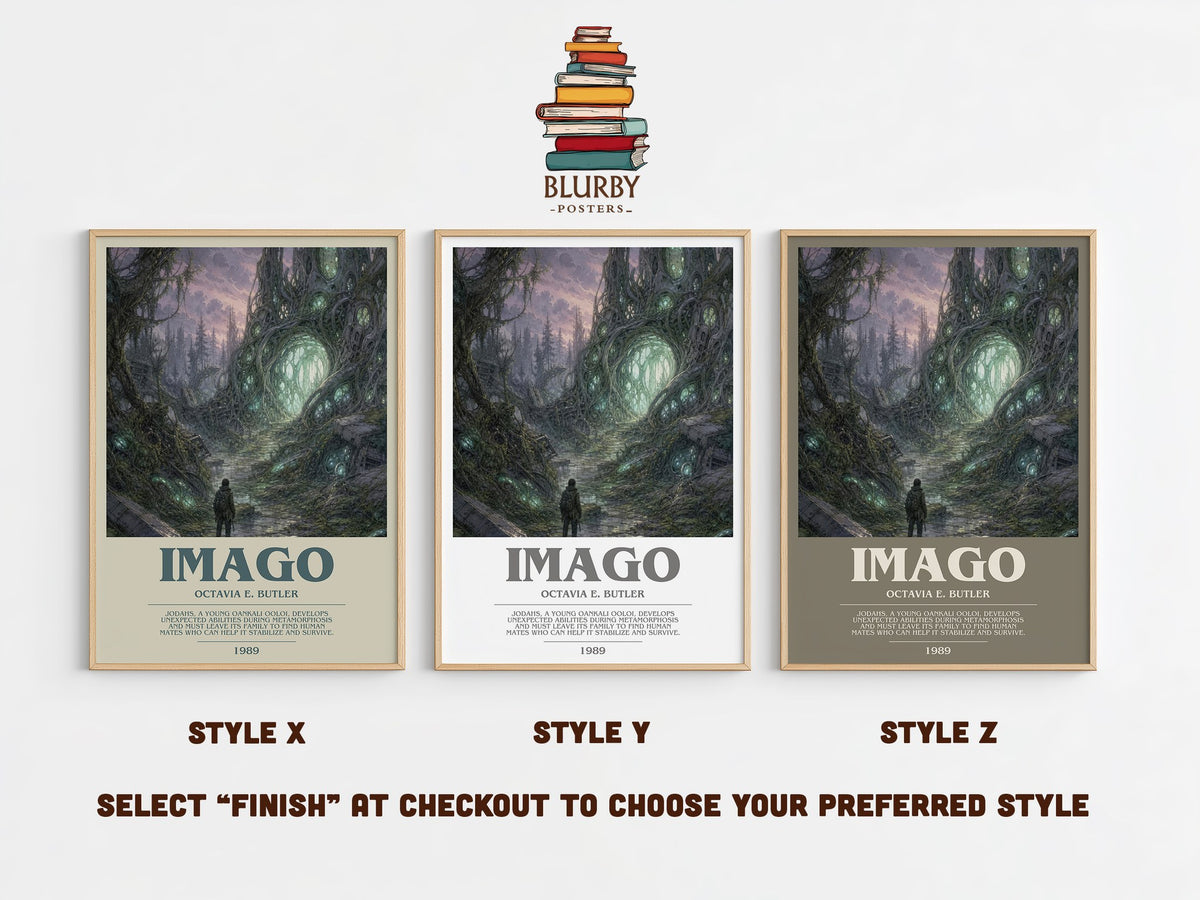 Imago bookish print in frame leaning in hallway – sci fi wall art (mockup)