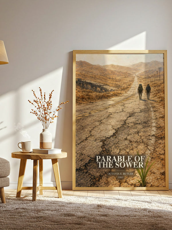 Parable of the Sower watercolour print in frame leaning in hallway – dystopian wall art