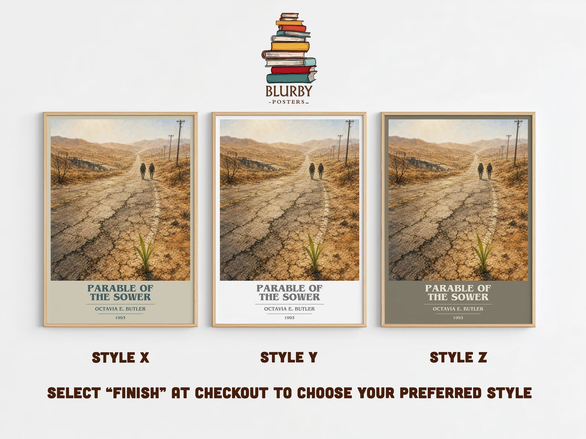 Parable of the Sower book cover print in frame leaning in hallway – dystopian wall art (mockup)