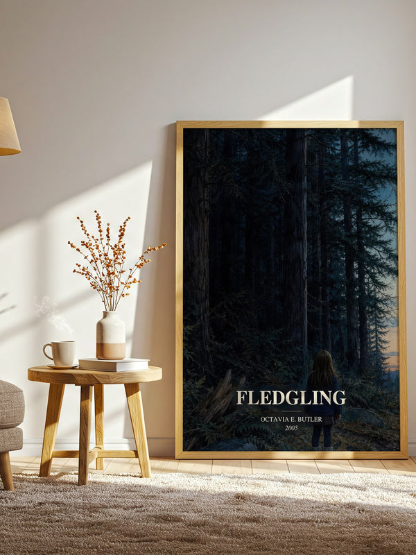 Fledgling watercolour print in frame leaning in hallway – sci fi wall art