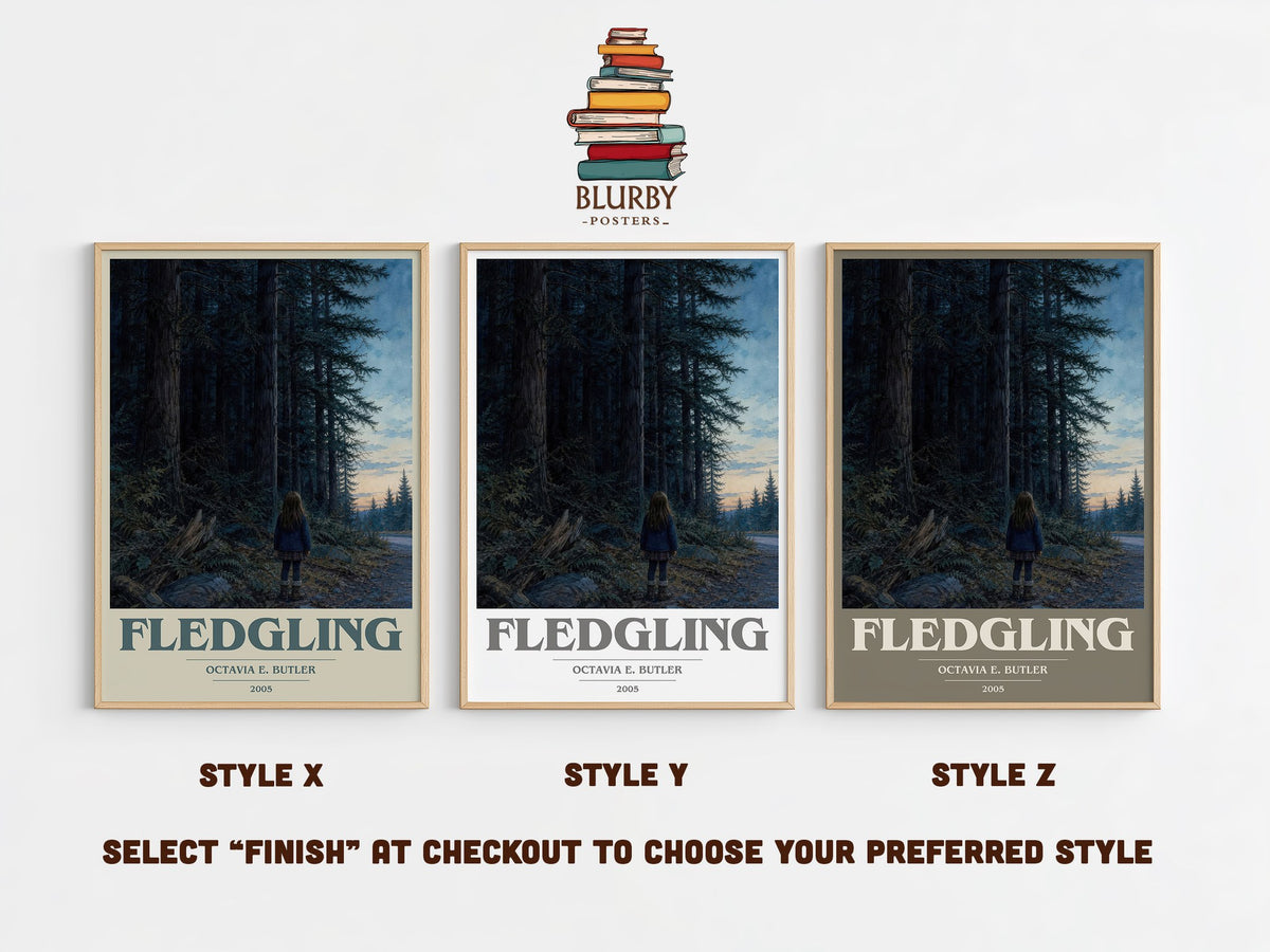 Fledgling book cover print in frame leaning in hallway – sci fi wall art (mockup)
