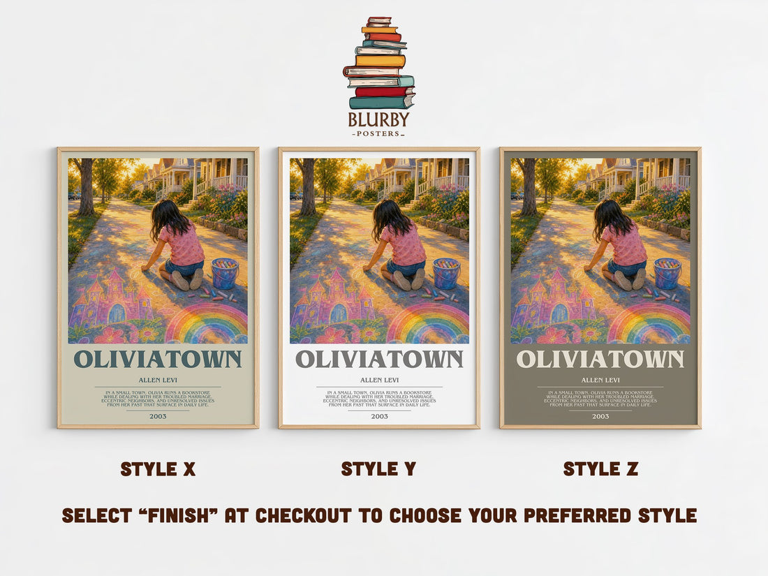 Oliviatown bookish print in frame leaning in hallway – literary fiction wall art (mockup)