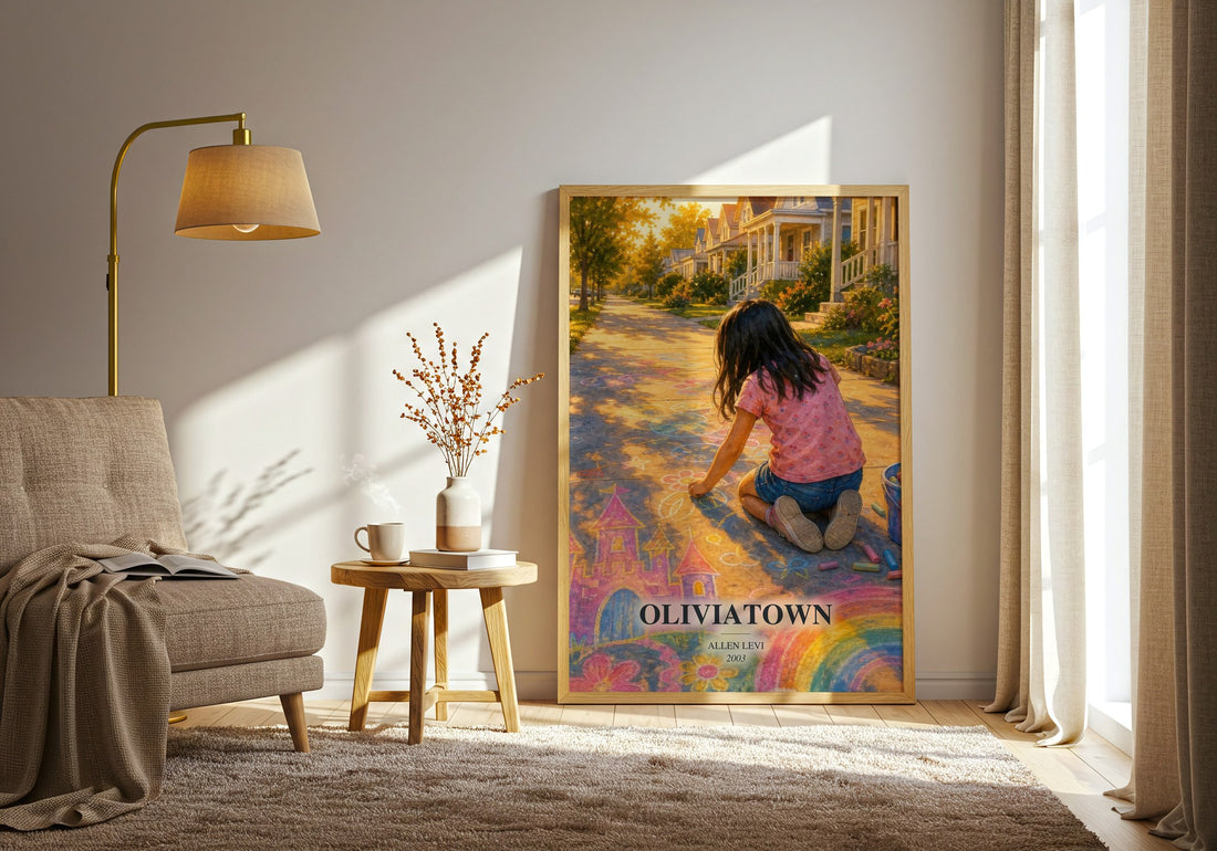 Oliviatown watercolour print in frame leaning in hallway – literary fiction wall art