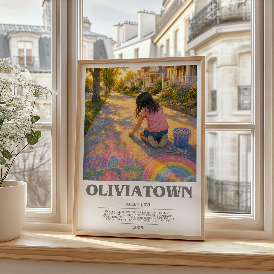 Oliviatown Bookish Wall Art by Allen Levi – framed print by a bright window