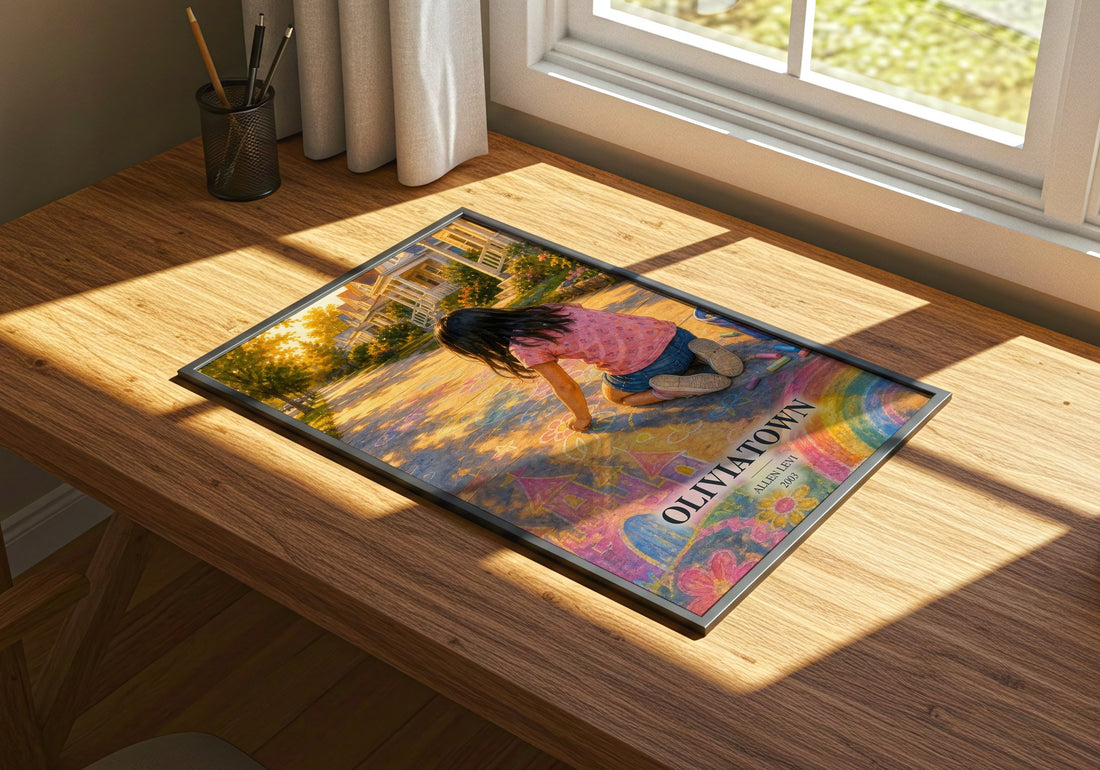 Oliviatown watercolour book poster framed on wall – literary fiction wall art