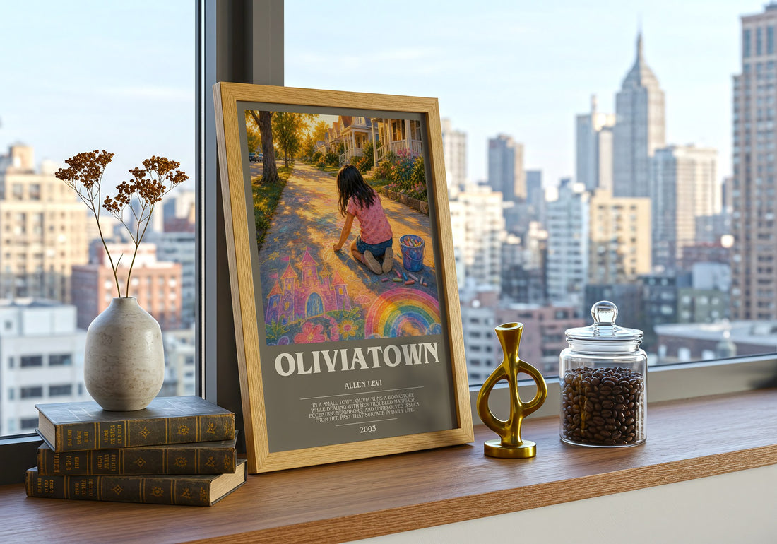 Oliviatown Bookish Wall Art by Allen Levi – framed print on a city-view windowsill