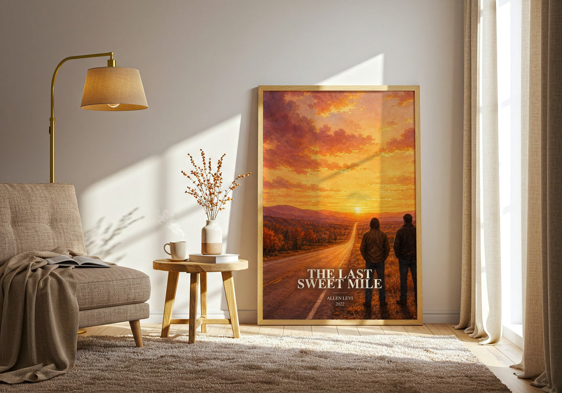 The Last Sweet Mile watercolour print in frame leaning in hallway – contemporary fiction wall art