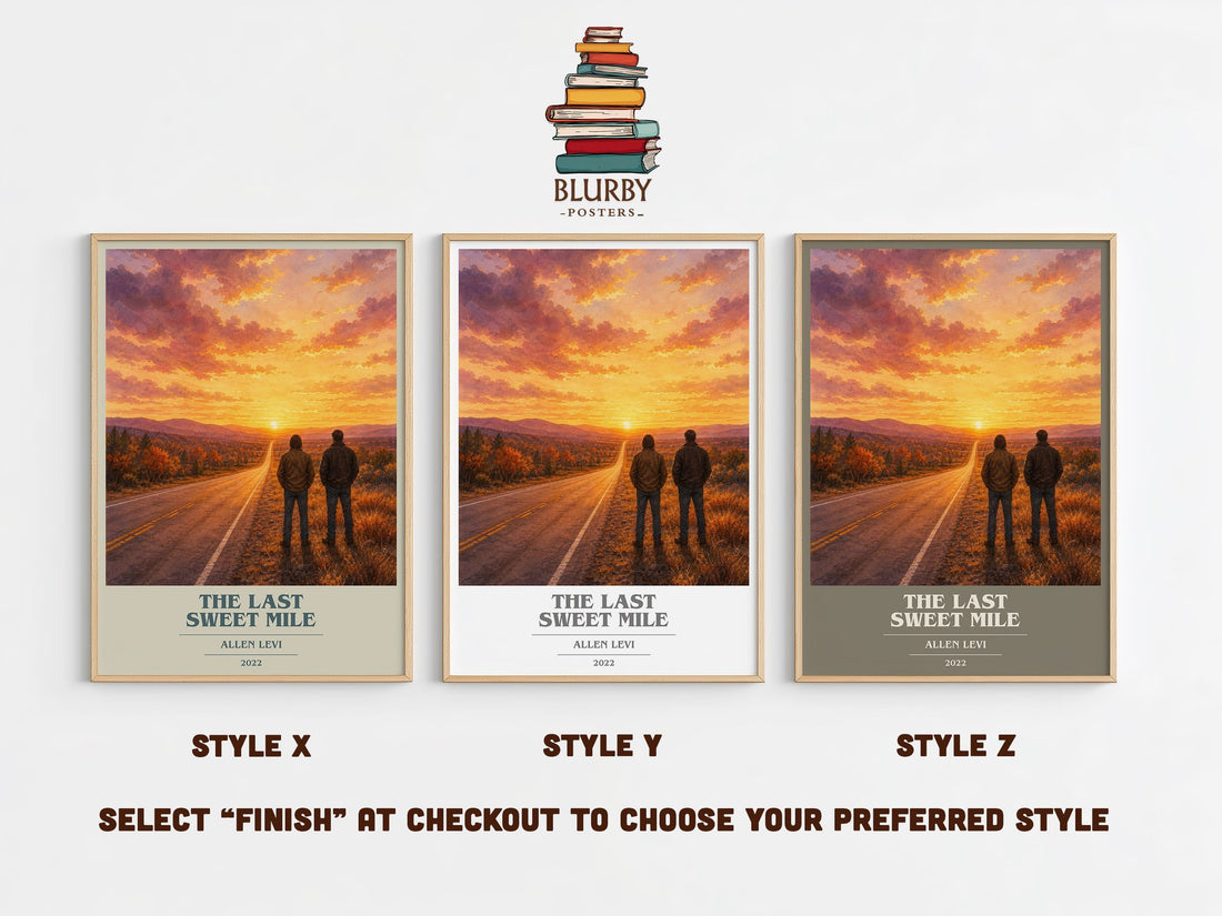 The Last Sweet Mile book cover print in frame leaning in hallway – contemporary fiction wall art (mockup)