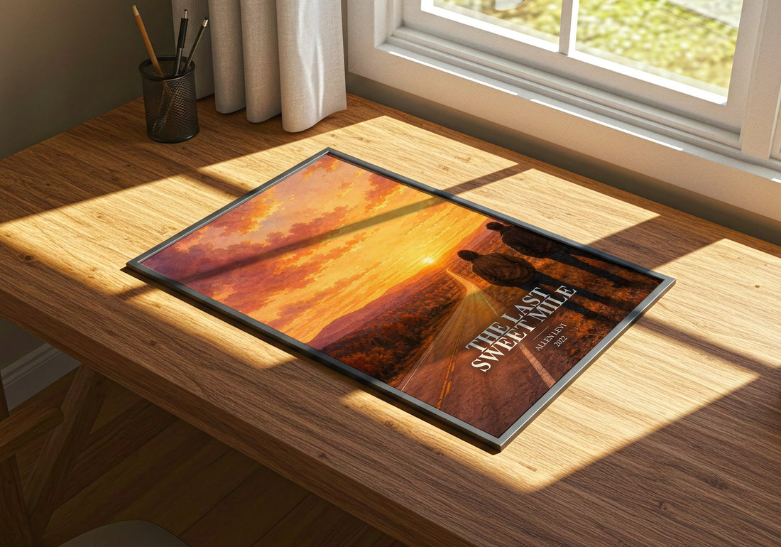 The Last Sweet Mile watercolour book poster framed on wall – contemporary fiction wall art