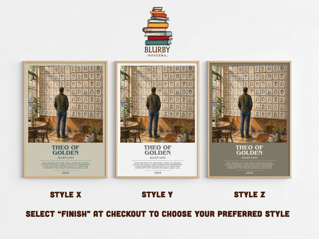 Theo of Golden bookish print in frame leaning in hallway – childrens wall art (mockup)