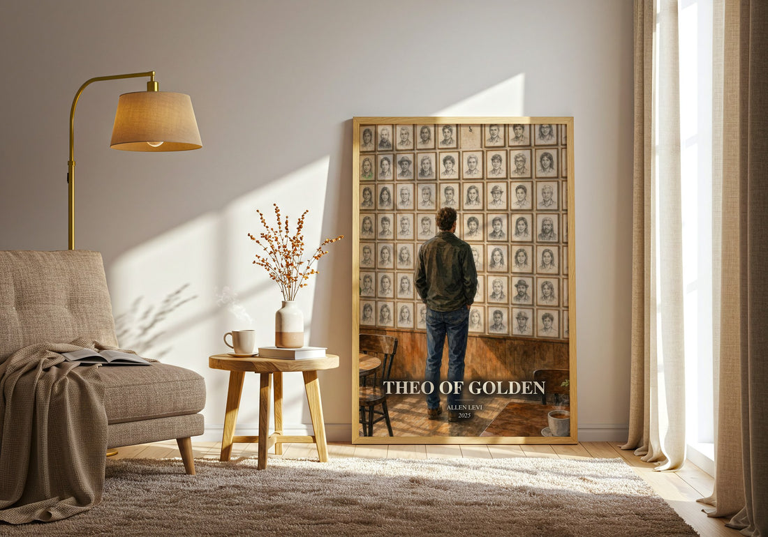 Theo of Golden watercolour print in frame leaning in hallway – childrens wall art