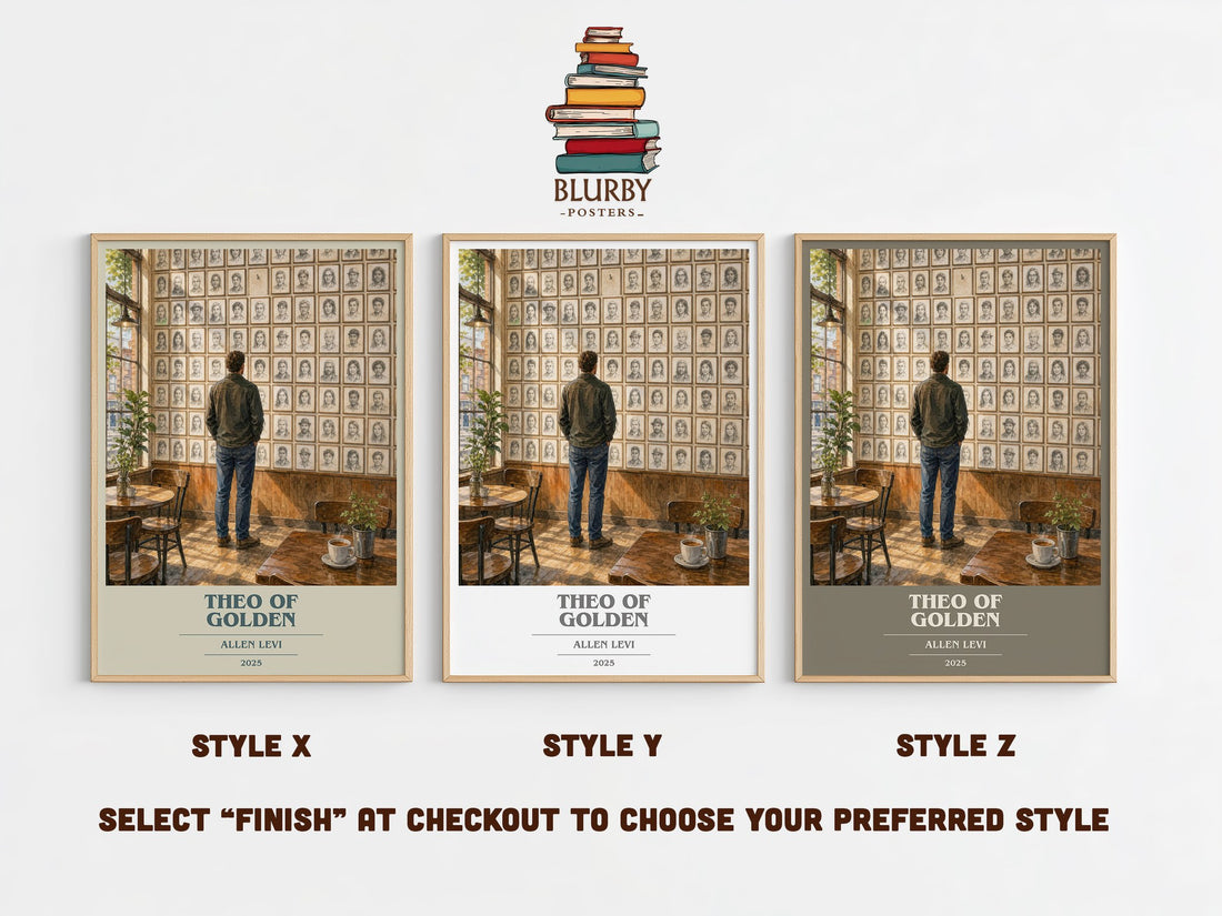 Theo of Golden book cover print in frame leaning in hallway – childrens wall art (mockup)