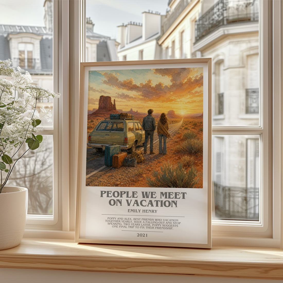 People We Meet on Vacation Bookish Wall Art by Emily Henry – framed print by a bright window