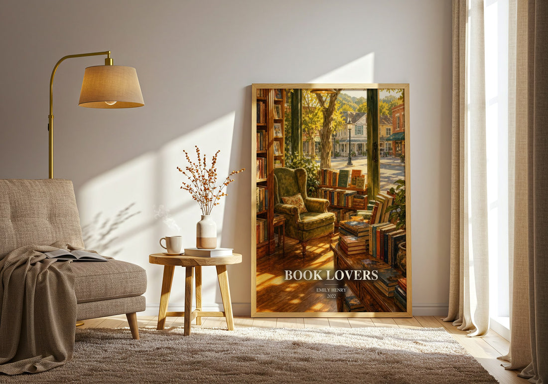Book Lovers watercolour print in frame leaning in hallway – romance wall art (mockup)