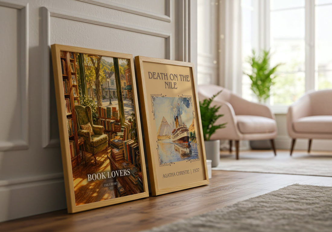 Book Lovers watercolour print framed by window – literary home decor