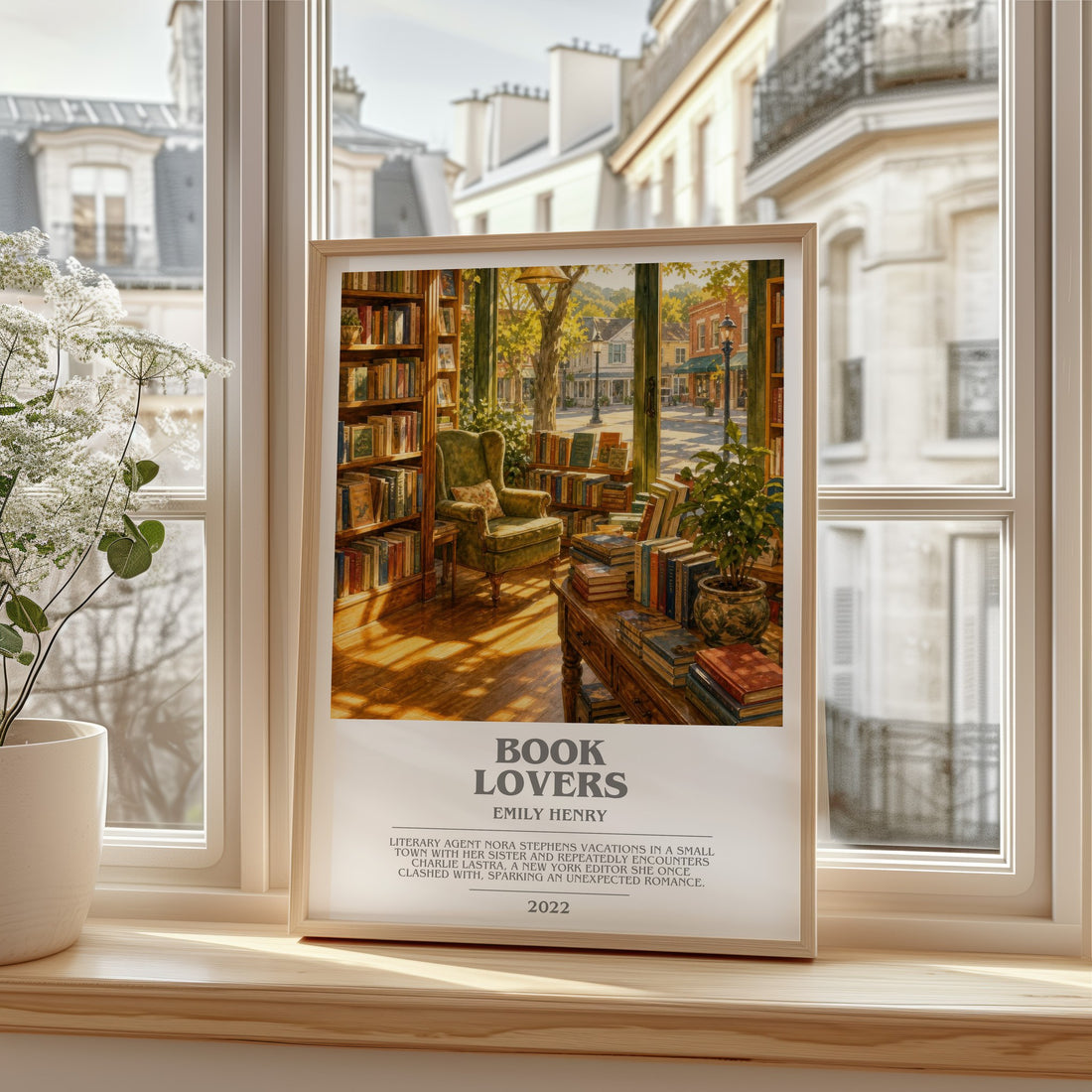 Book Lovers Bookish Wall Art by Emily Henry – framed print by a bright window