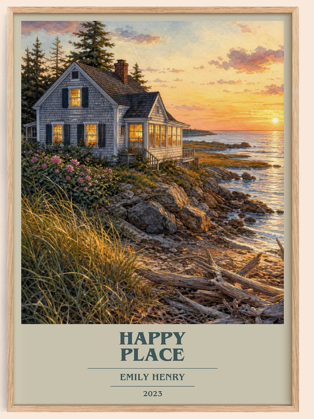 Happy Place book cover book poster by Emily Henry – framed literary art print