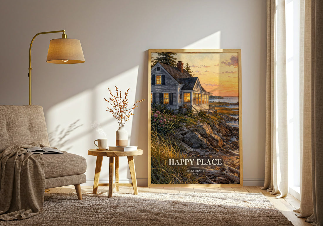 Happy Place watercolour print in frame leaning in hallway – romance wall art (mockup)