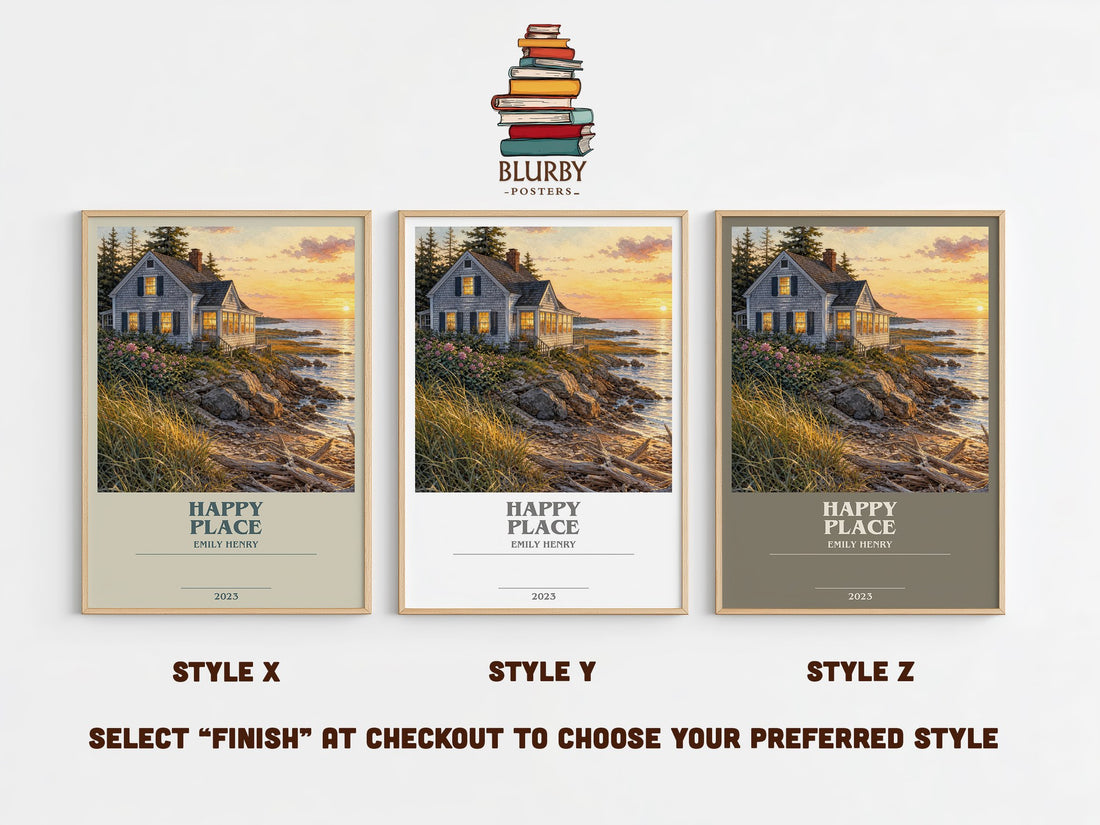 Happy Place bookish print in frame leaning in hallway – romance wall art (mockup)