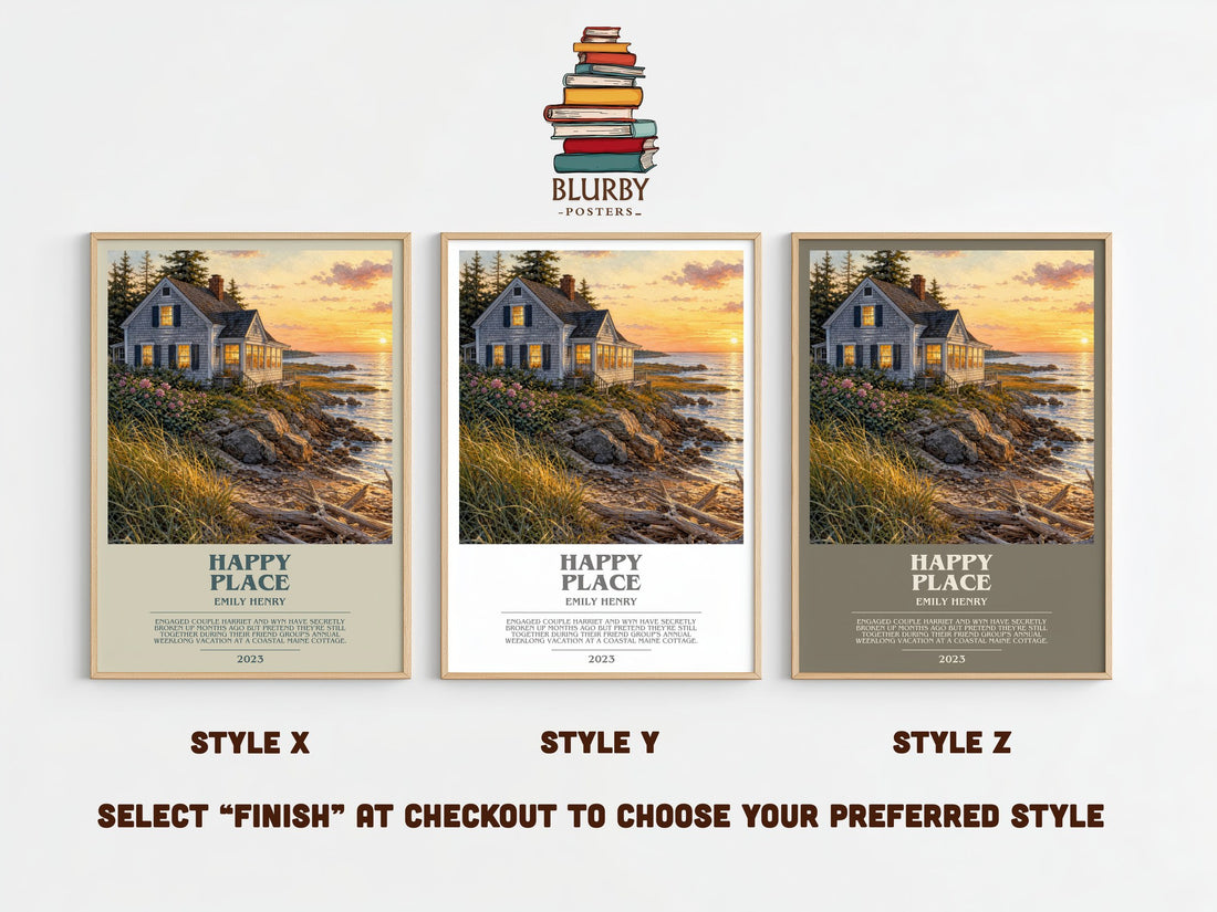 Happy Place Bookish Wall Art by Emily Henry – Style X, Y and Z side by side – choose your finish