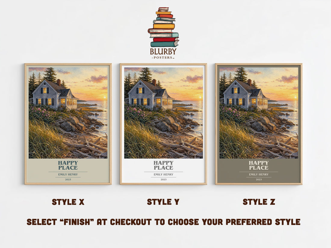 Happy Place book cover print in frame leaning in hallway – romance wall art (mockup)