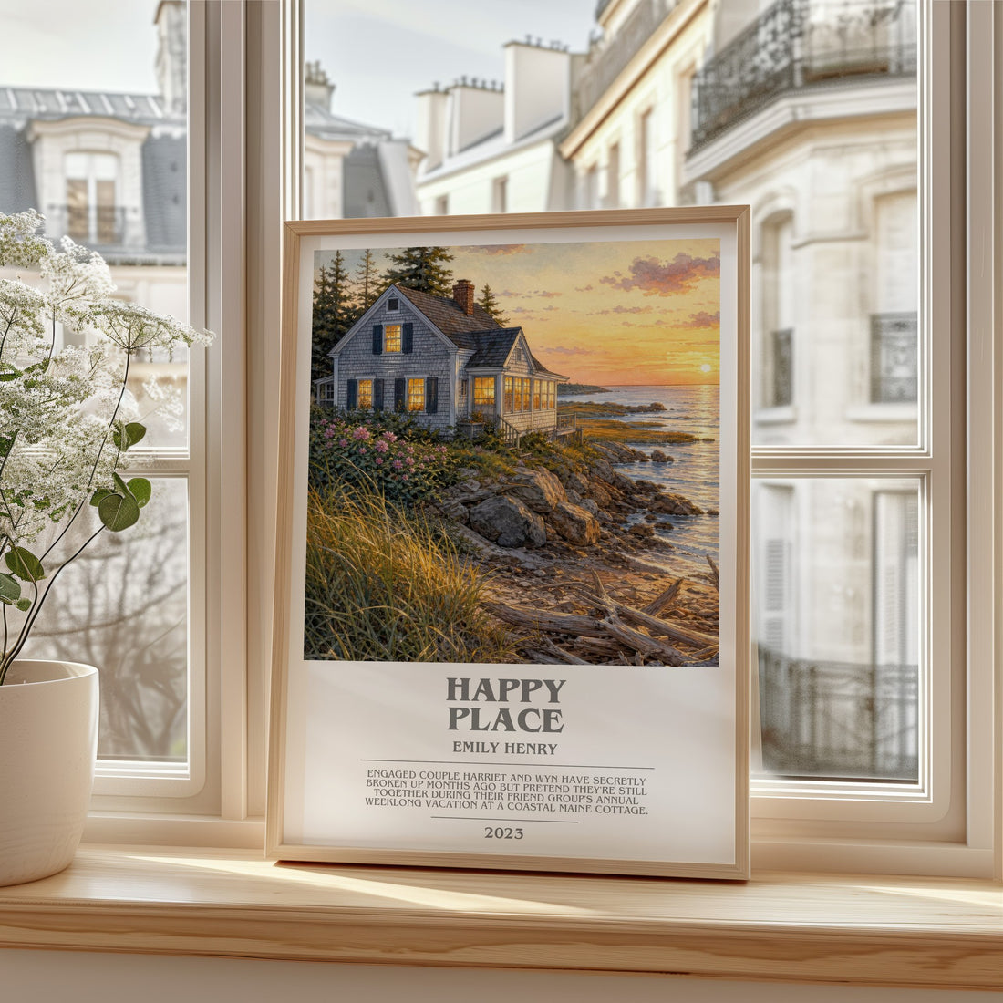 Happy Place Bookish Wall Art by Emily Henry – framed print by a bright window
