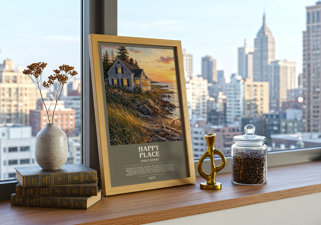 Happy Place Bookish Wall Art by Emily Henry – framed print on a city-view windowsill