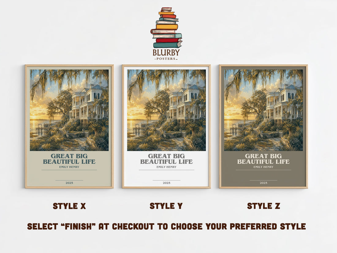 Great Big Beautiful Life bookish print in frame leaning in hallway – contemporary fiction wall art (mockup)