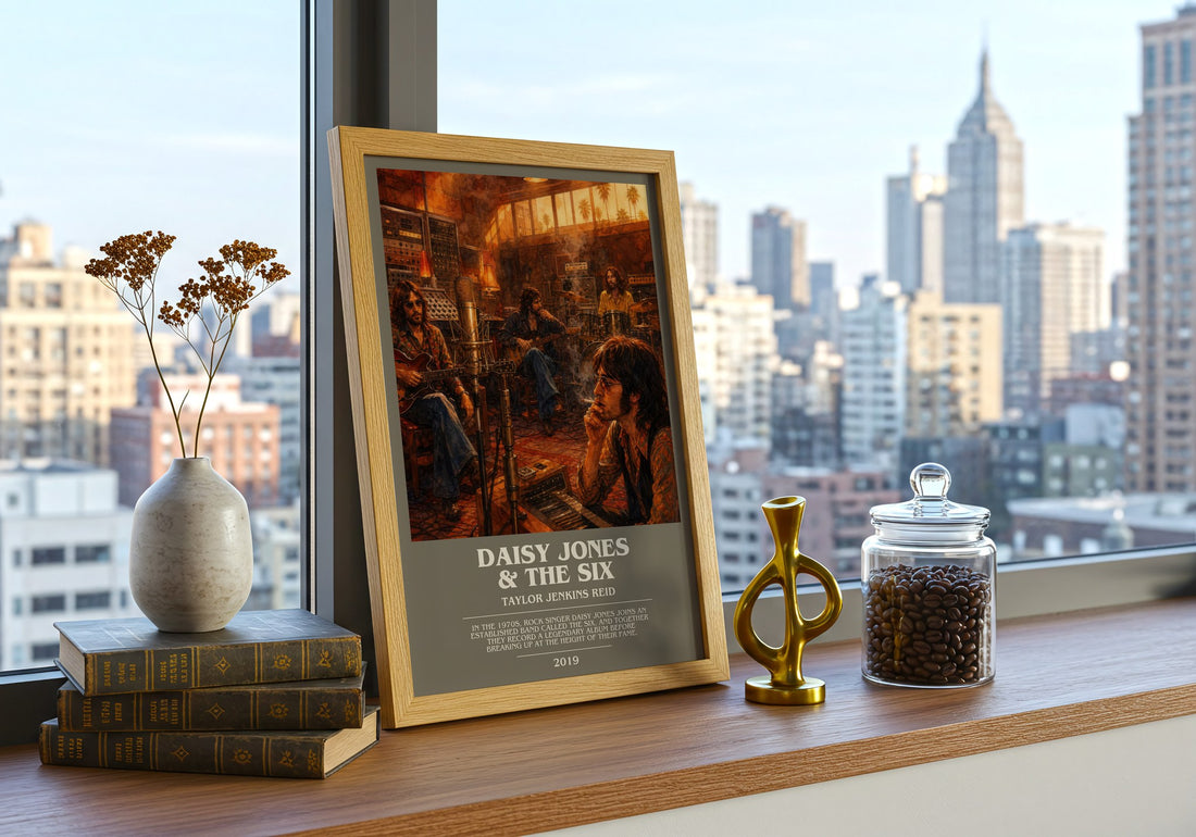 Daisy Jones & The Six Bookish Wall Art by Taylor Jenkins Reid – framed print on a city-view windowsill