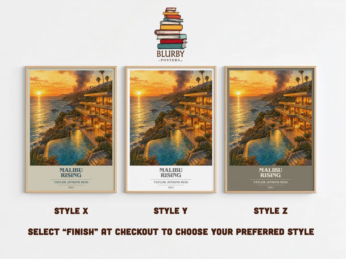 Malibu Rising book cover print in frame leaning in hallway – contemporary fiction wall art (mockup)