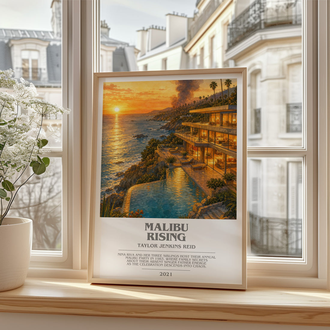 Malibu Rising Bookish Wall Art by Taylor Jenkins Reid – framed print by a bright window