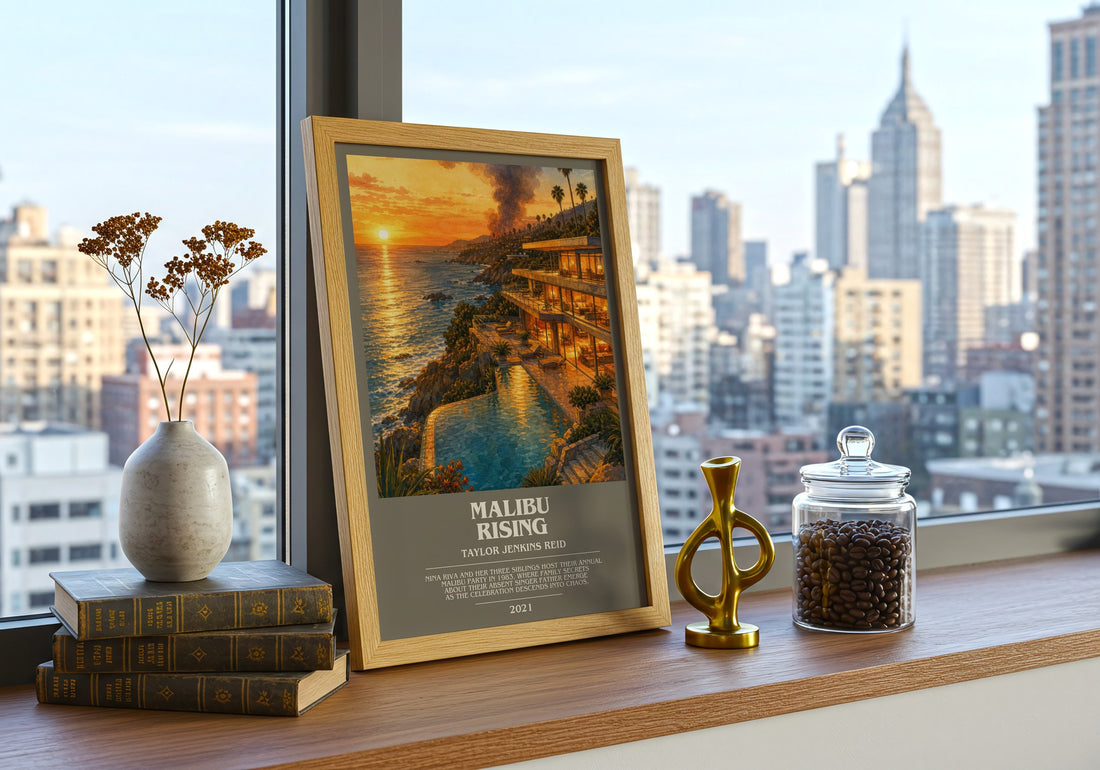 Malibu Rising Bookish Wall Art by Taylor Jenkins Reid – framed print on a city-view windowsill