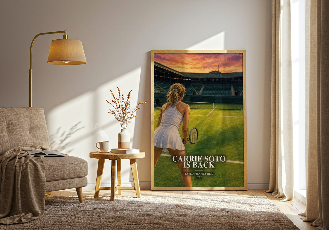 Carrie Soto Is Back watercolour print in frame leaning in hallway – contemporary fiction wall art (mockup)