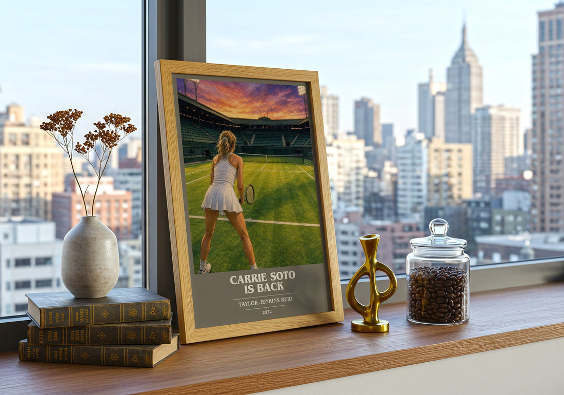 Carrie Soto Is Back book cover print framed by window – literary home decor