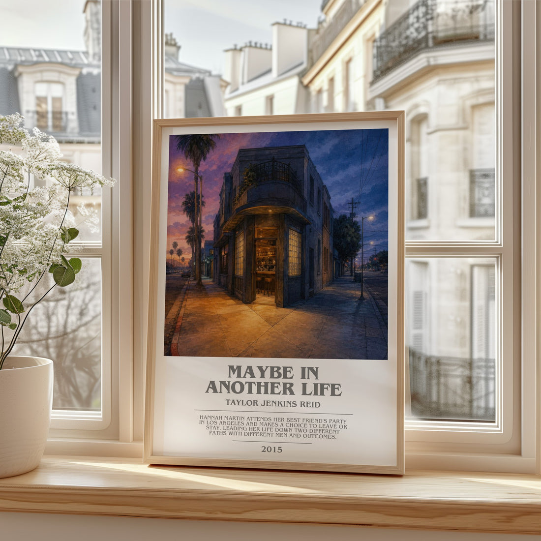 Maybe in Another Life Bookish Wall Art by Taylor Jenkins Reid – framed print by a bright window