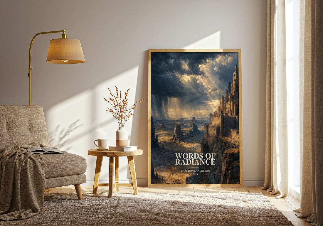 Words of Radiance watercolour print in frame leaning in hallway – fantasy wall art (mockup)