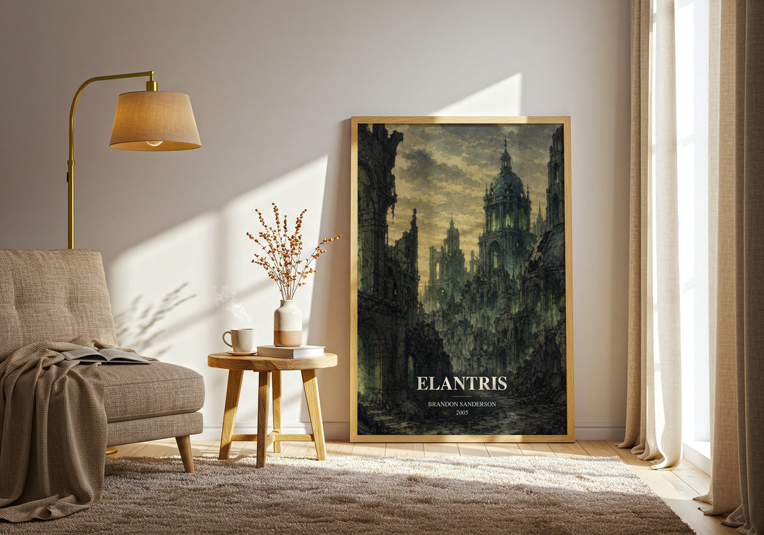 Elantris watercolour print in frame leaning in hallway – fantasy wall art (mockup)