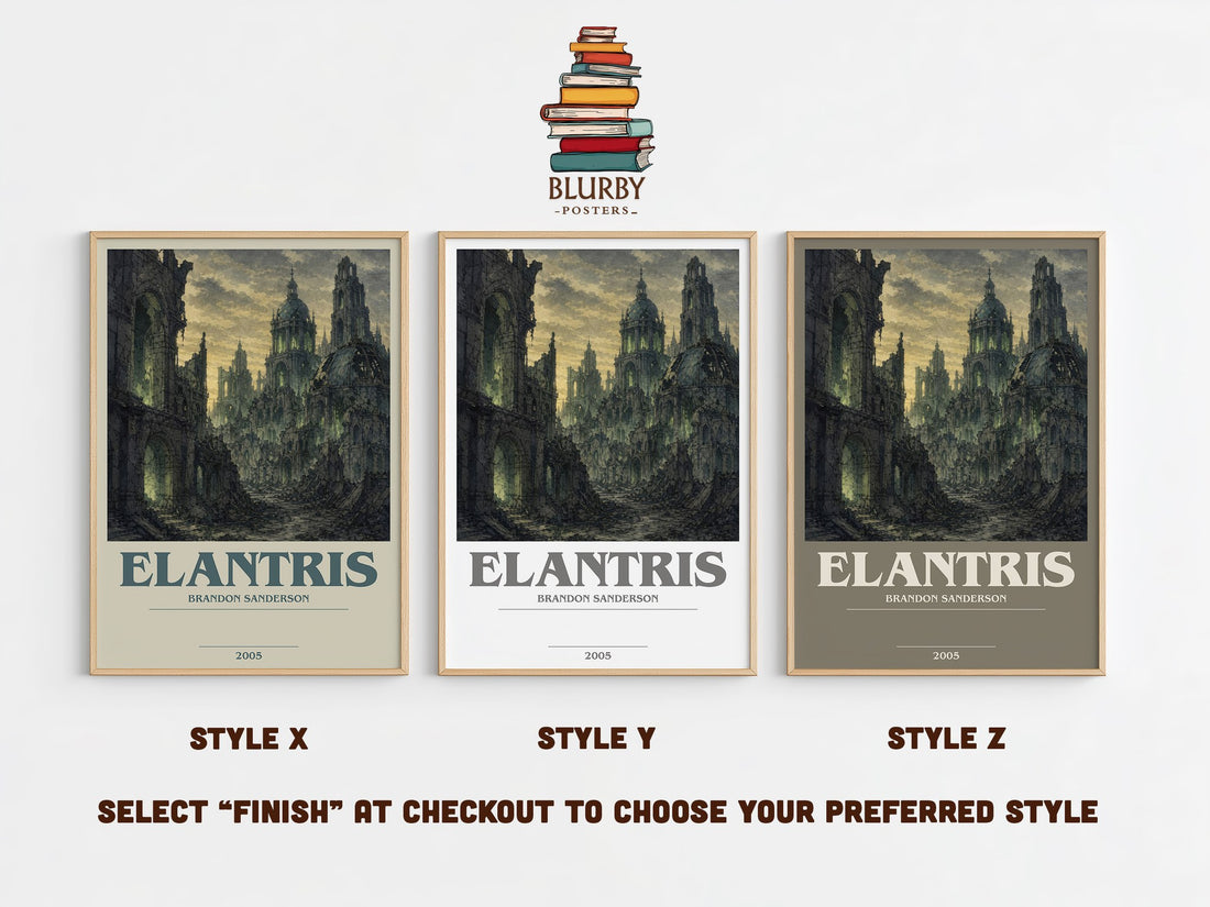 Elantris bookish print in frame leaning in hallway – fantasy wall art (mockup)