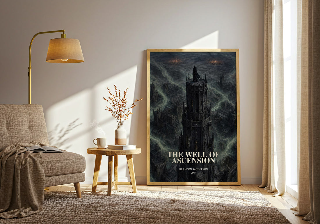 The Well of Ascension watercolour print in frame leaning in hallway – fantasy wall art (mockup)