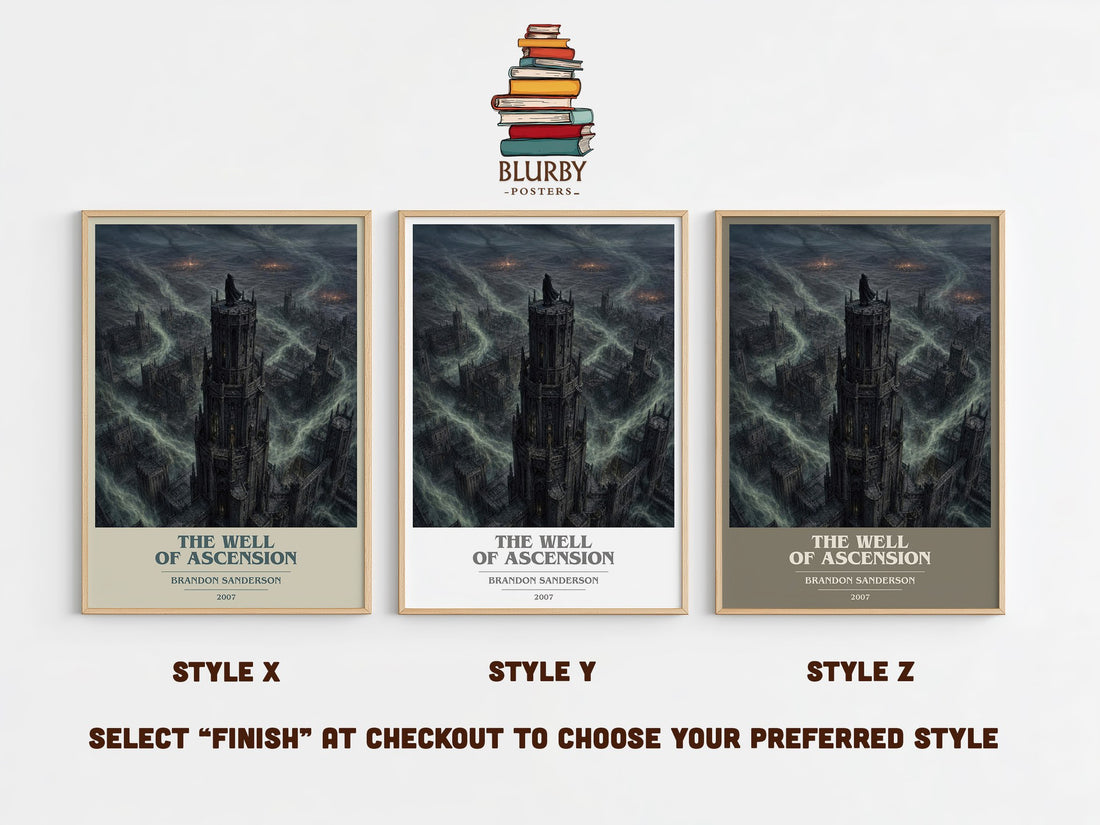 The Well of Ascension book cover print in frame leaning in hallway – fantasy wall art (mockup)