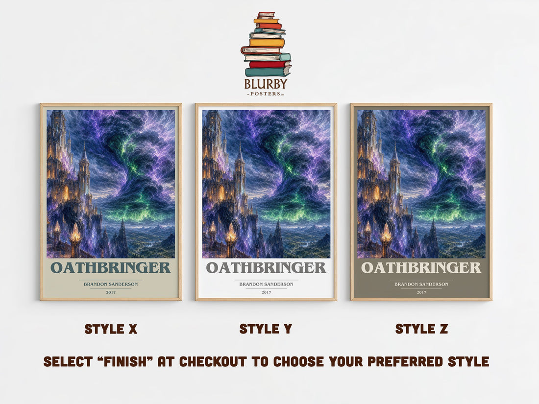 Oathbringer book cover print in frame leaning in hallway – fantasy wall art (mockup)