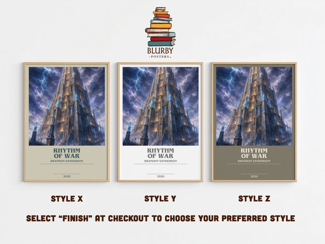 Rhythm of War bookish print in frame leaning in hallway – fantasy wall art (mockup)