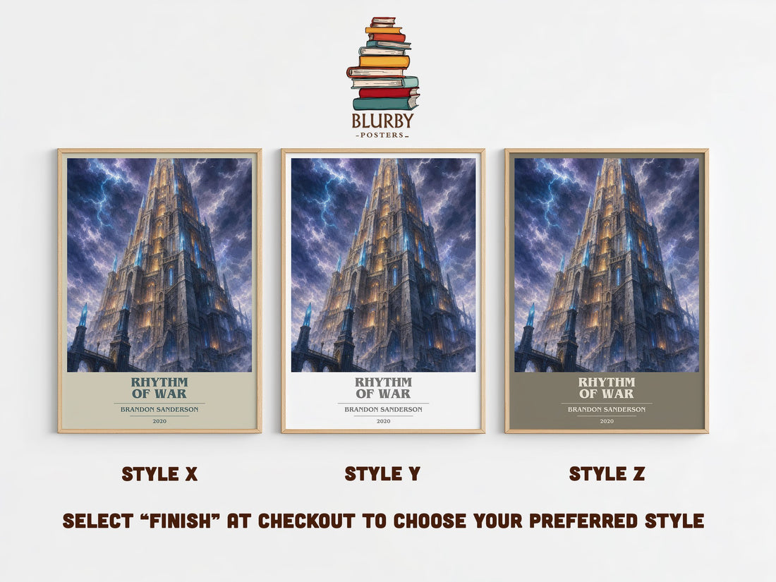 Rhythm of War book cover print in frame leaning in hallway – fantasy wall art (mockup)