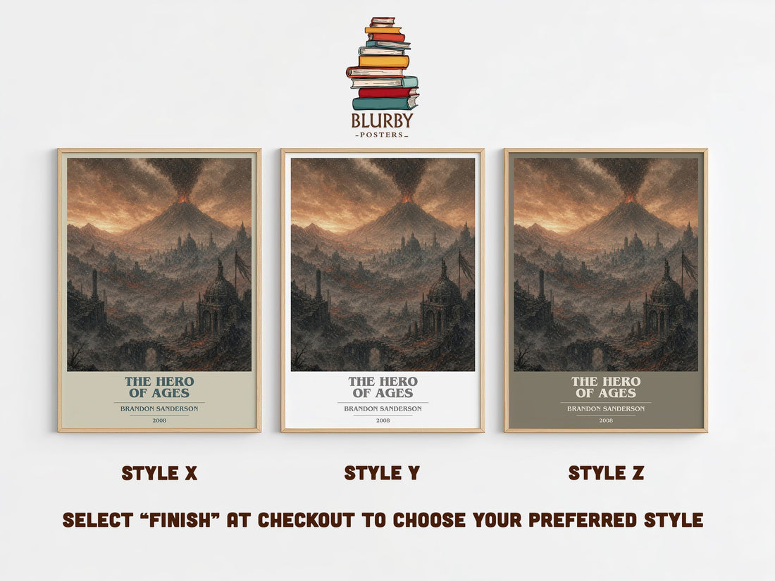 The Hero of Ages book cover print in frame leaning in hallway – fantasy wall art (mockup)