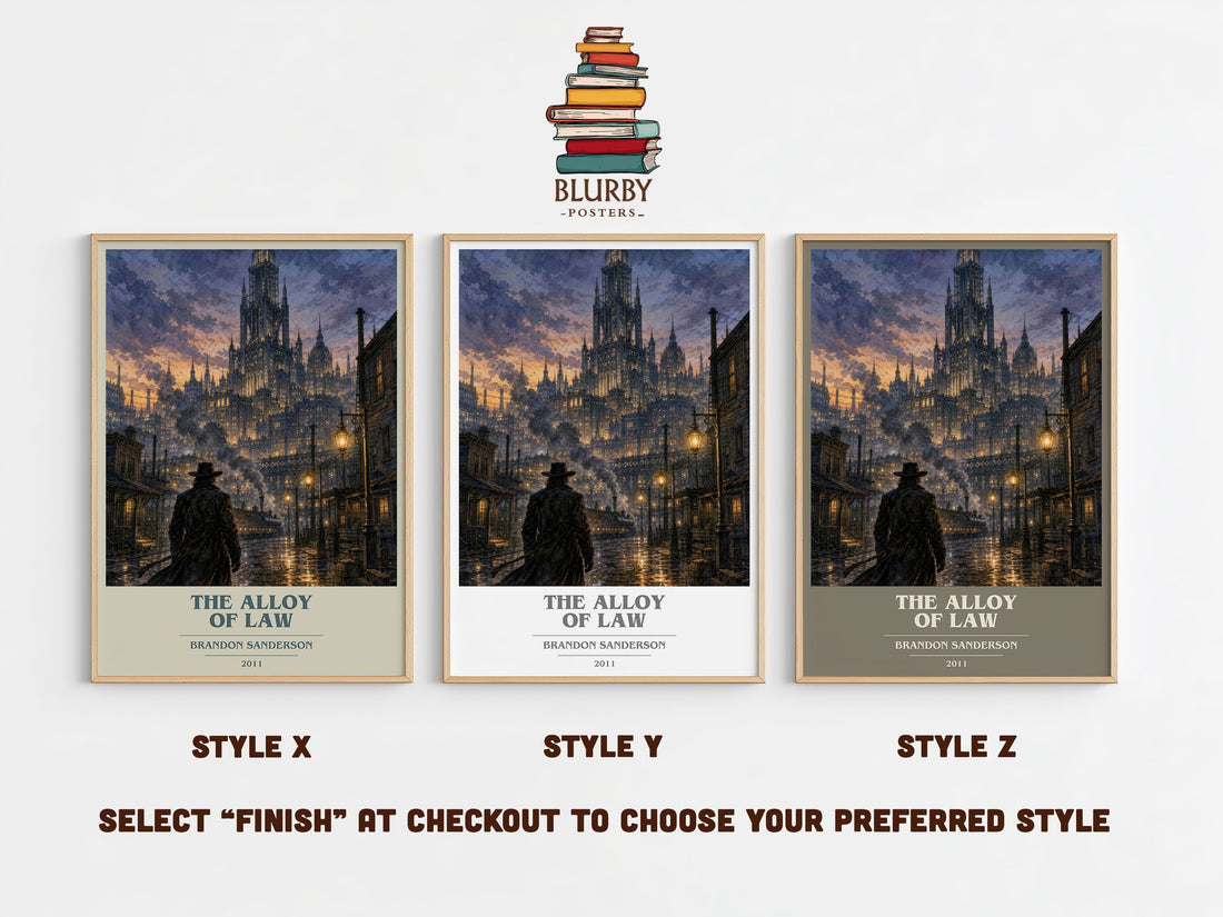 The Alloy of Law book cover print in frame leaning in hallway – fantasy wall art (mockup)