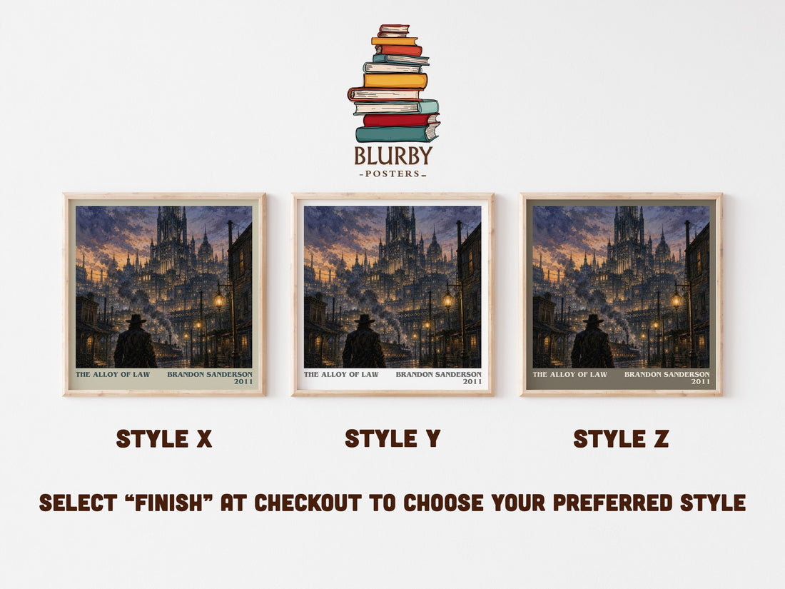 The Alloy of Law literary print in frame leaning in hallway – fantasy wall art (mockup)