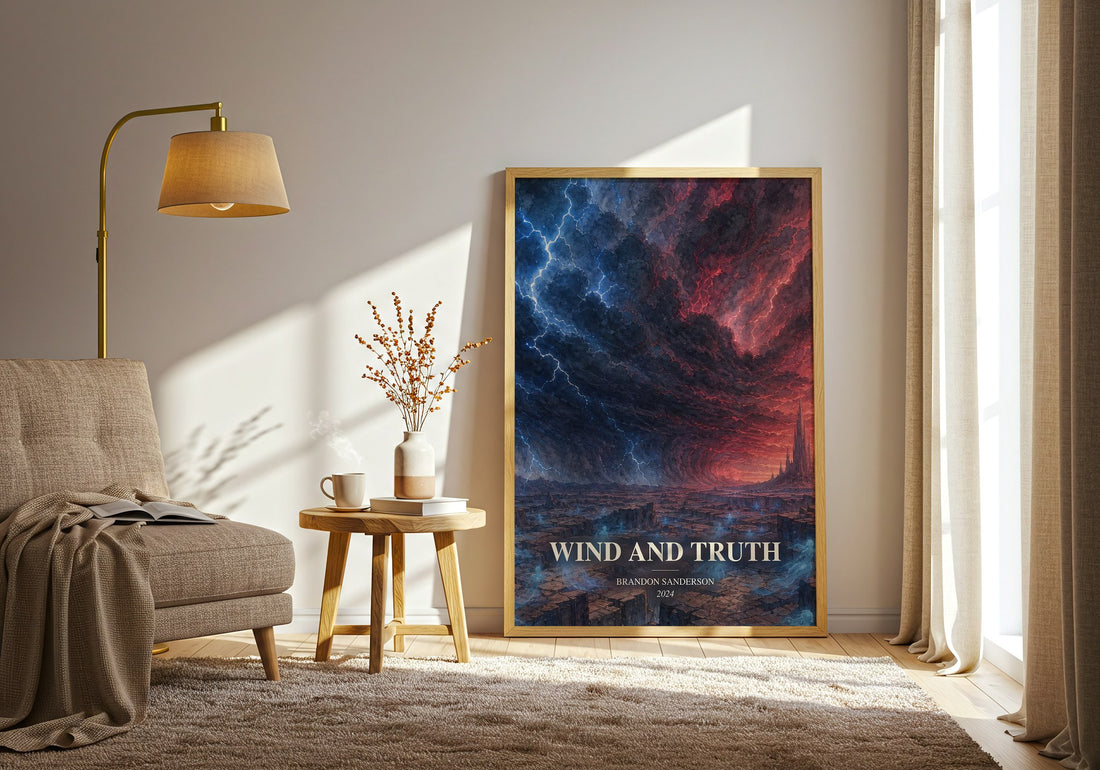 Wind and Truth watercolour print in frame leaning in hallway – fantasy wall art (mockup)