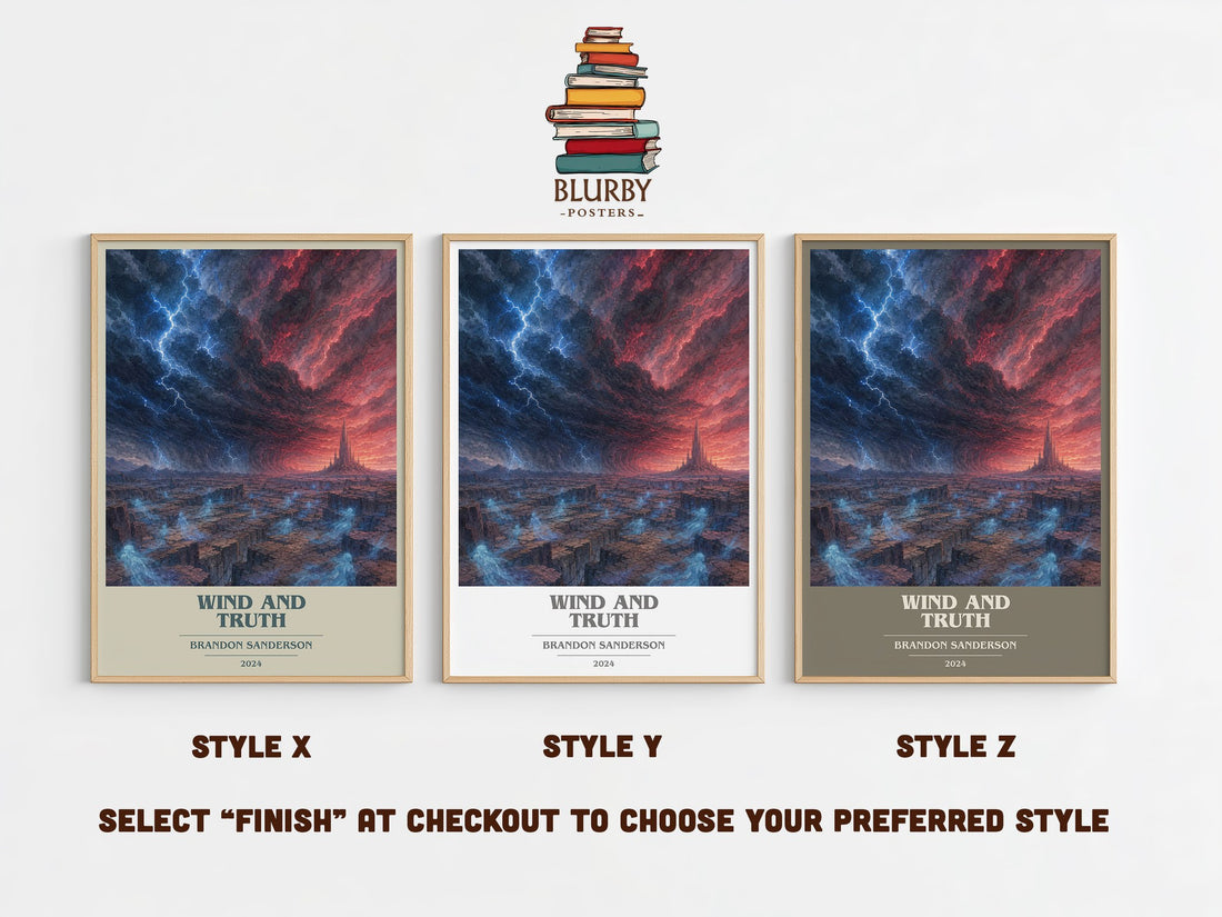 Wind and Truth book cover print in frame leaning in hallway – fantasy wall art (mockup)