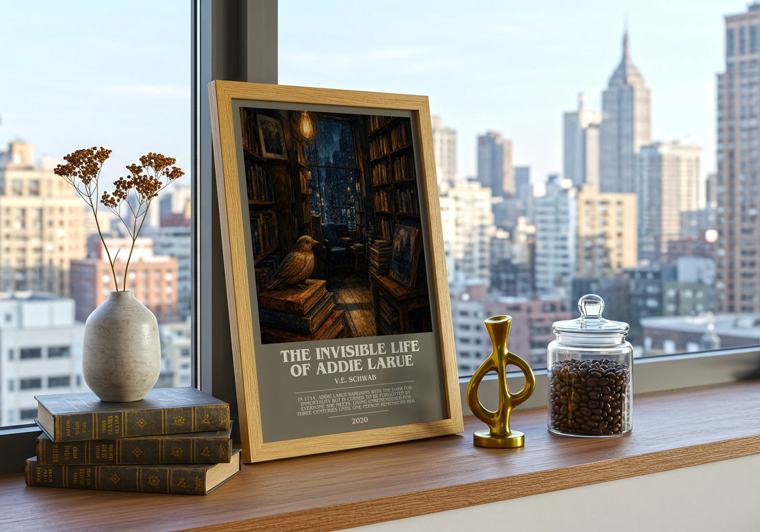The Invisible Life of Addie LaRue Bookish Wall Art by V.E. Schwab – framed print on a city-view windowsill