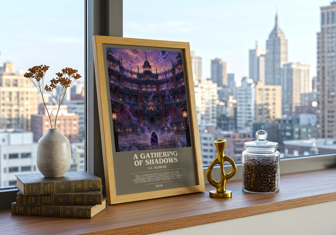 A Gathering of Shadows Bookish Wall Art by V.E. Schwab – framed print on a city-view windowsill